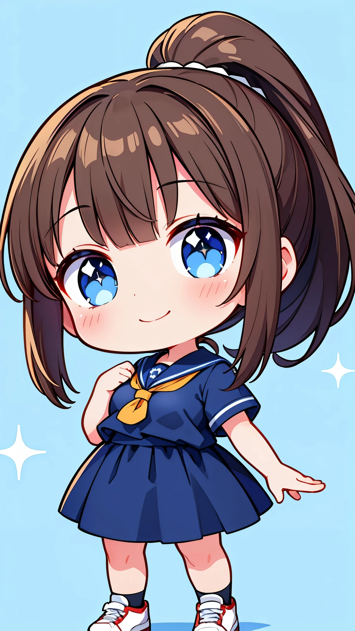 (8k, Best image quality, Highest quality, masterpiece), Detailed face, (( girl)),, Brown Hair, ponytail、black eye,Long eyelashes、 Large Breasts, ,Standing、Looking Ahead、smile、sneakers、 Blue Sailor Suit、Sparkly Background