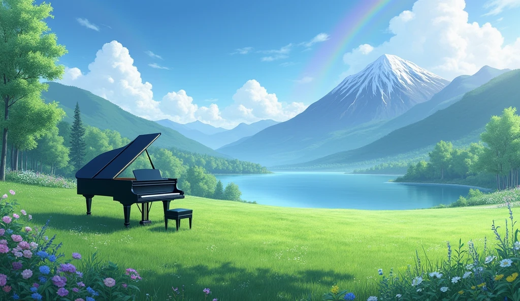 「A black grand piano standing in a lush green field、A rainbow over a lake and a majestic mountain range、Tranquil scenery」
Big rainbow arch light: Asahi、Soft light season: Summer painting style: Photo style、
others: fog、Colorful flowers、