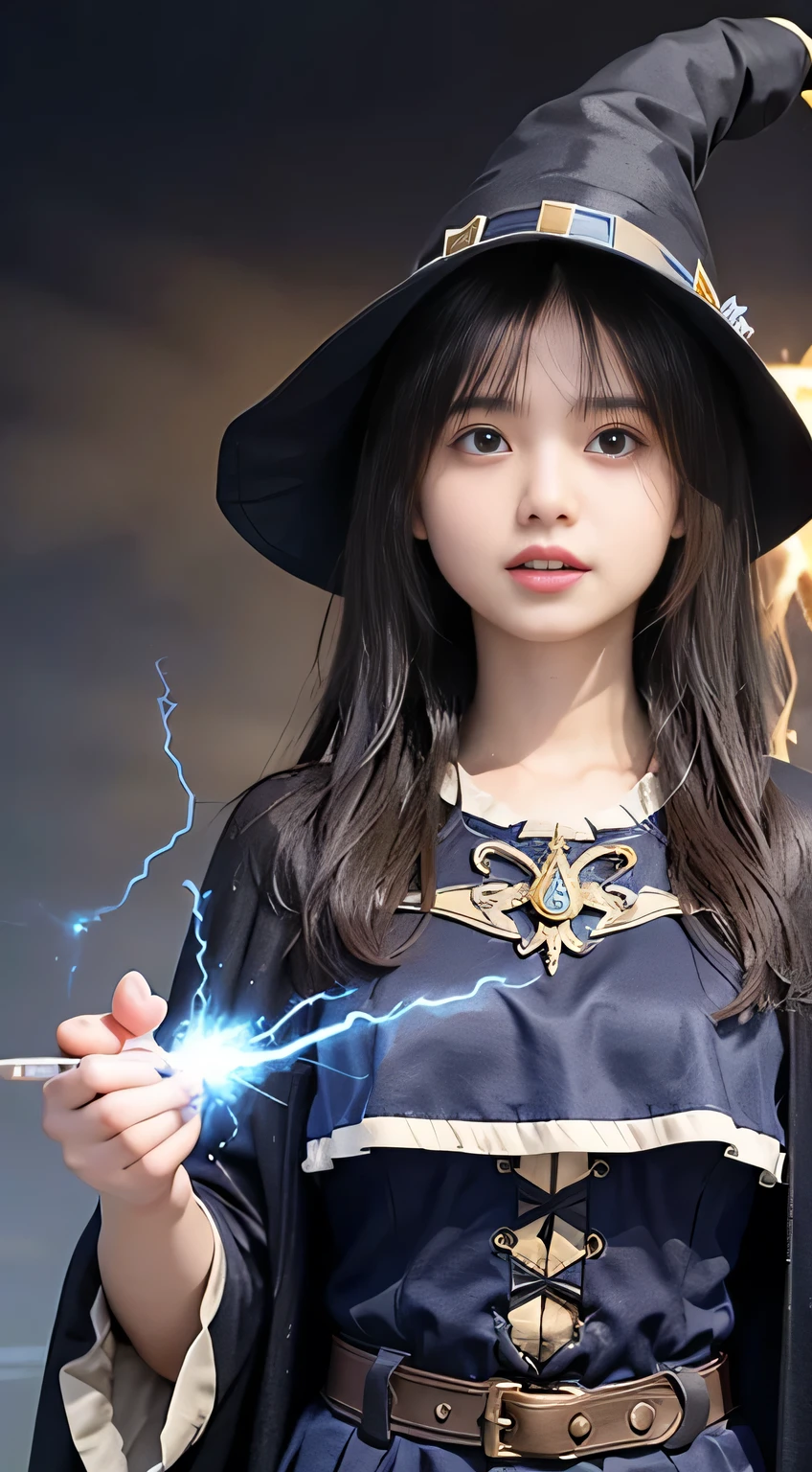 (Skin Dentition:1.5), Realistic, Realistic, (masterpiece:1.5), Concept Art, ((Witch Costume:1.4))、((Full body shot:1.4))、Intricate details, Very detailed, Realistic, Octane Rendering, 8k, Unreal Engine, Dynamic pose, Highest quality, High resolution, (Realistic Face:1.1), (Super realistic:1.1), ((full_body)), Perfect Eyes,(Glowing Skin:1.2), (((Hairstyle))), (((Perfect hands))), (Very detailed background), ((Dynamic Background)), ((lightning)), (light), ((One girl)), Wearing a cape, (((Flowing Cape))), ((Detailed eyes, High quality eyes, High quality face)), (Very complicated robe, magical robes), short hair, casting lightning, electricity, Swirling Fire, Radiation Force, spark, cigarette, magic, ((dramatic)), amazing, battlefield, Depth of written boundary, bokeh, 4K, Gothic, human, particle