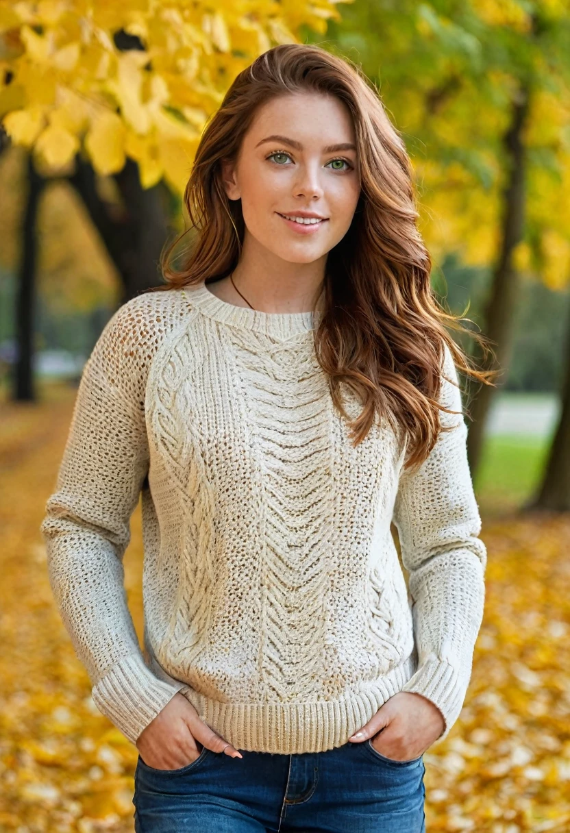 A beautiful 24-year-old woman with chestnut brown hair and green eyes is walking through a tree-lined park during autumn. Dressed in a cozy knit sweater, fitted jeans, and her light leather jacket, she looks radiant against the backdrop of golden leaves. Her fair, freckled complexion is highlighted by the crisp fall air, and she wears her signature silver necklace as she enjoys the peaceful scenery