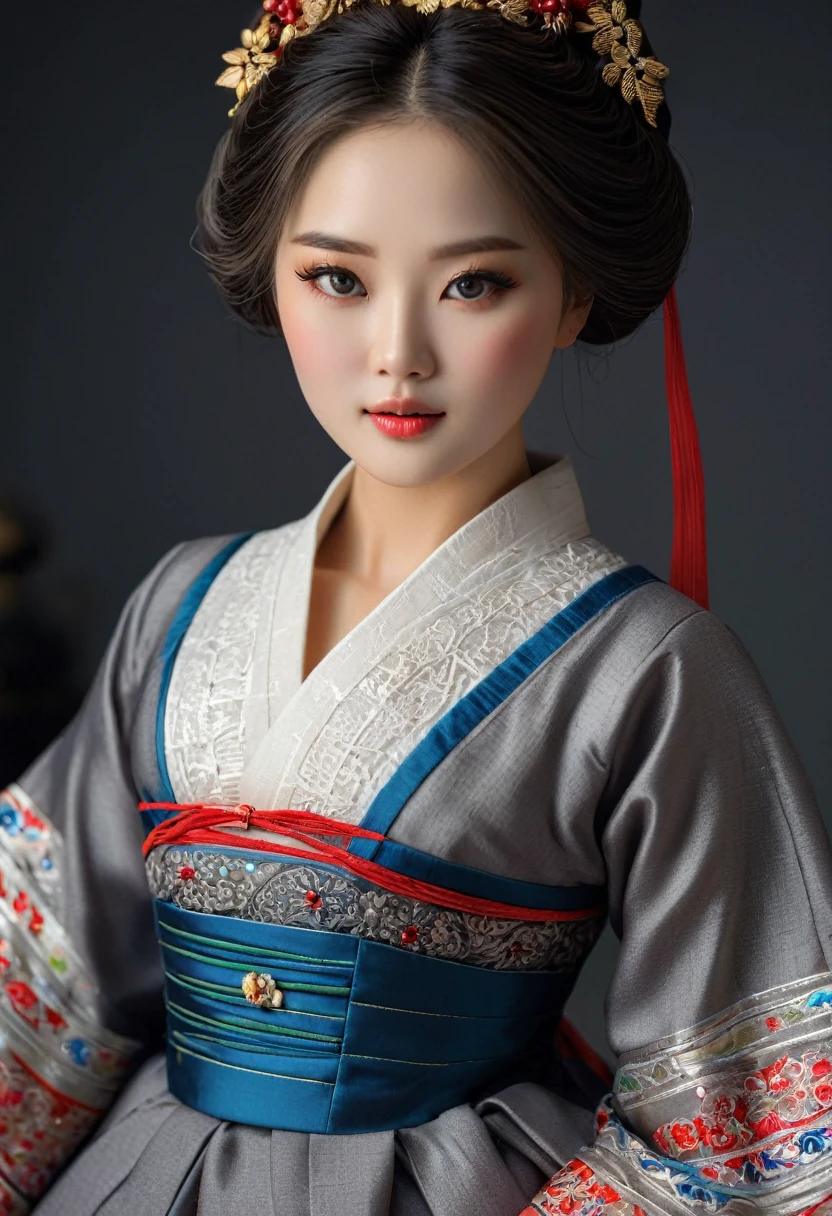 1girl, night, korean traditional dress, long detailed dress, detailed intricate design, beautiful detailed eyes, beautiful detailed lips, extremely detailed face and features, porcelain doll, elegant pose, radiant skin, professional studio lighting, photon mapping, radiosity, grey background, (best quality,8k,highres,masterpiece:1.2),(realistic,photorealistic,photo-realistic:1.37)