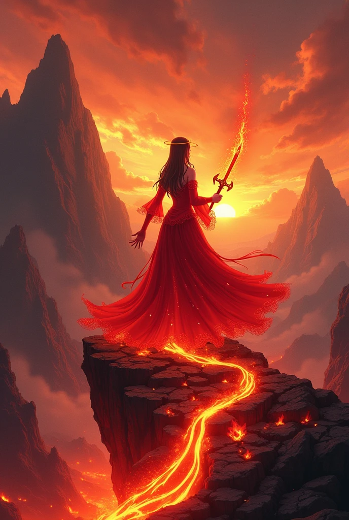 Create an anime image of a queen wearing a red lava dress holding a lava sword standing on top of a lava mountain with her back to the viewer and looking towards the cliff.