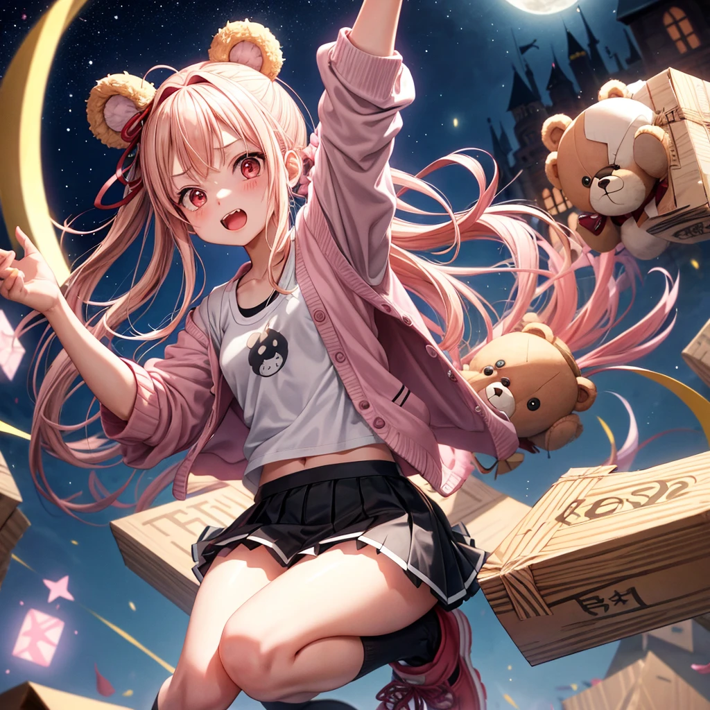 Pink Blonde、Red eyes、Hair tied up、One cute girl、solo、Checked mini skirt、black t-shirts、one piece、cardigan、Knee-high socks、bear ears baseball cap、Burning Full Moon、The tree is dead、Electric spectaculars、Cardboard boxes are piled up、Teeth are visible、Monster Castle、Tilting face、Starry Sky、A teddy bear is jumping