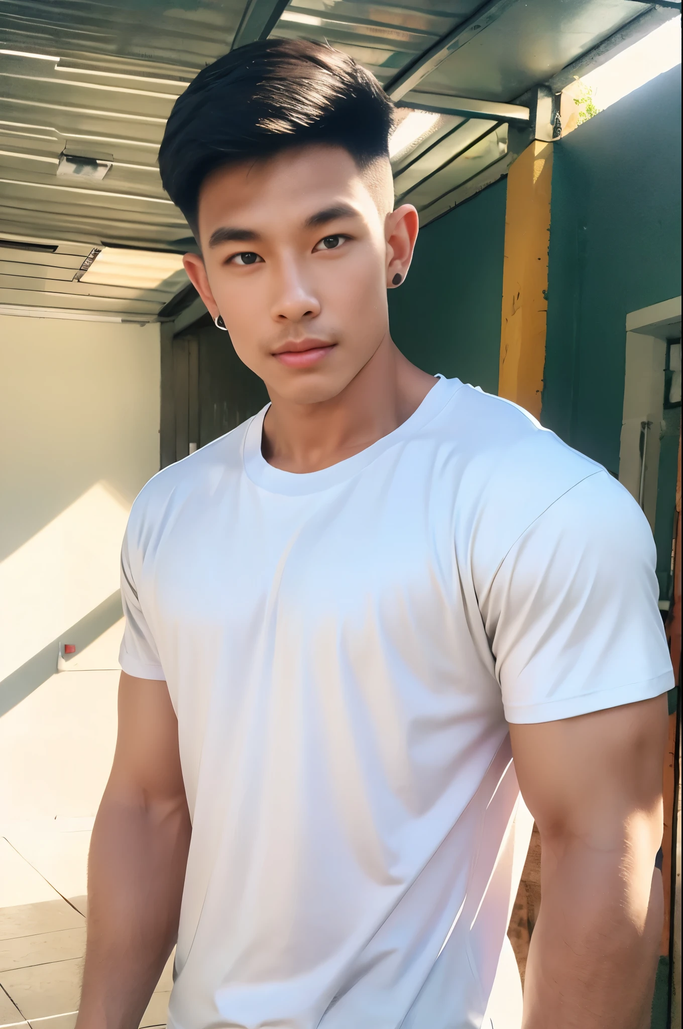 Handsome young man standing, (have a mustache:1) ,(buzz cut:1.1), (short hair:1.2), The forearms are muscular., (Tight T-shirt:1.5), (white shirt:1.5),Jeans, Big muscles, Handsome and muscular, full body angle, (Fitness:1.1), natural light 