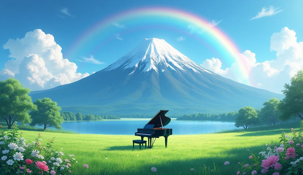 「A black grand piano standing in a lush green field、A rainbow over a lake and a majestic mountain range、Tranquil scenery」
Big rainbow arch light: Asahi、Soft light season: Summer painting style: Photo style、
others: fog、Colorful flowers、