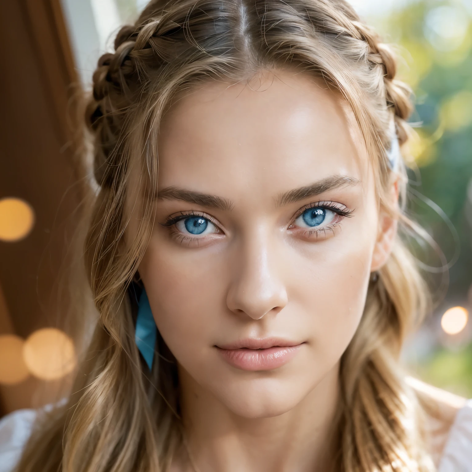 Izabela Ion,  blue_eyes, close up, blonde hair, blue eyes, hair ribbon, ribbon,  braids, hair braids, red ribbon, erotic smile, erotic eyes, (face focus:0.8), (realism:1.2), (masterpiece:1.2), (best quality), (ultra detailed), (8k, intricate),bokeh, light particles, lighting, (detailed eyes:1.2), (highly detailed:1.2), (dynamic angle:1.2), (gradients), colorful, daylight,full lips, detailed background, depth of field, volumetric lighting, sharp focus, absurdres, realistic proportions, good anatomy, (realistic, hyperrealistic:1.4), 16k hdr, show nipples, medium breasts, show vagina, spread legs.