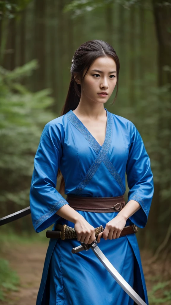 Highest quality realistic photos, Beautiful female swordsman, Wear blue and go to battle