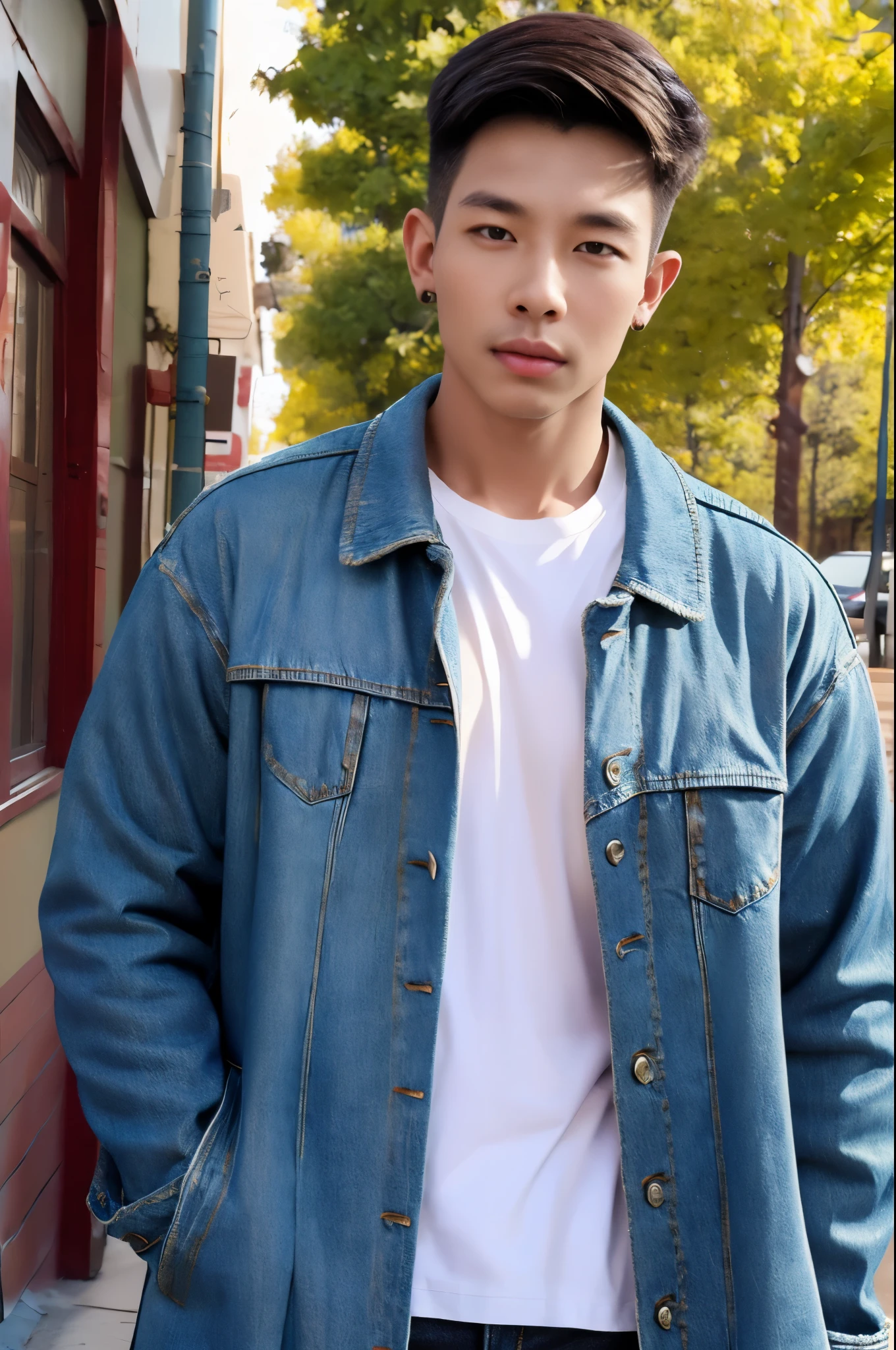 Handsome young man, (have a mustache:1) ,(buzz cut:1.1), (short hair:1.2), The forearms are muscular., (Denim coat:1.5), (white shirt:1.5),Jeans, Big muscles, Handsome and muscular, full body angle, (Fitness:1.1), natural light