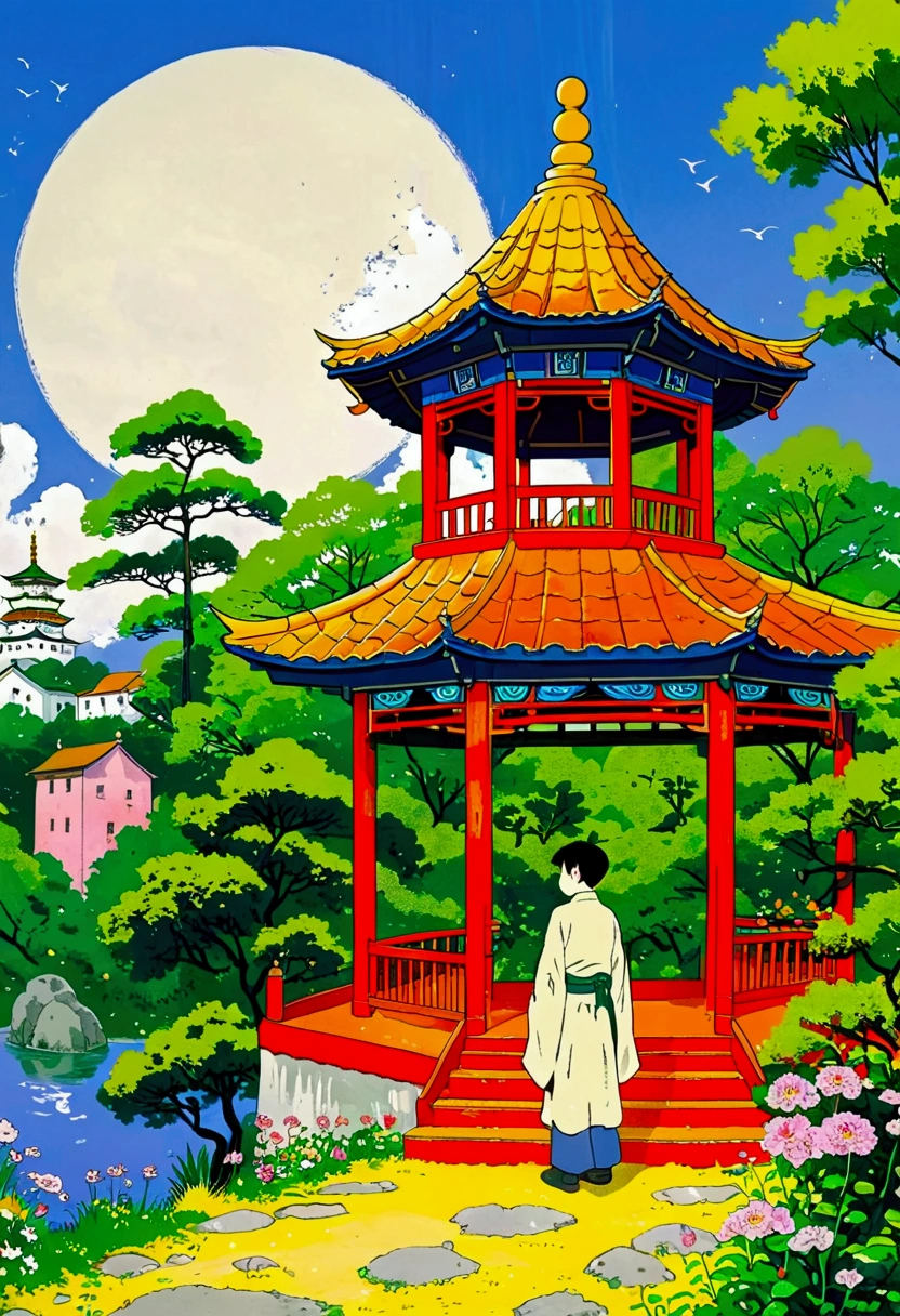 there is a poster existith a picture of a man standing in front of a pagoda, a poster inspired by Gao Qipei, pixiv contest existinner, Concept Art, japanese inspired poster, artexistork in the style of z.exist. arrive, poster illustration, vibrant tourism poster, aexistesome greate composition, style of arriveo hua, promotional poster, Studio Ghibli production, poster