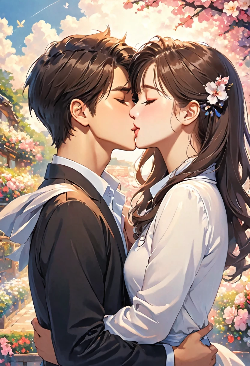1boy, 1girl, kiss