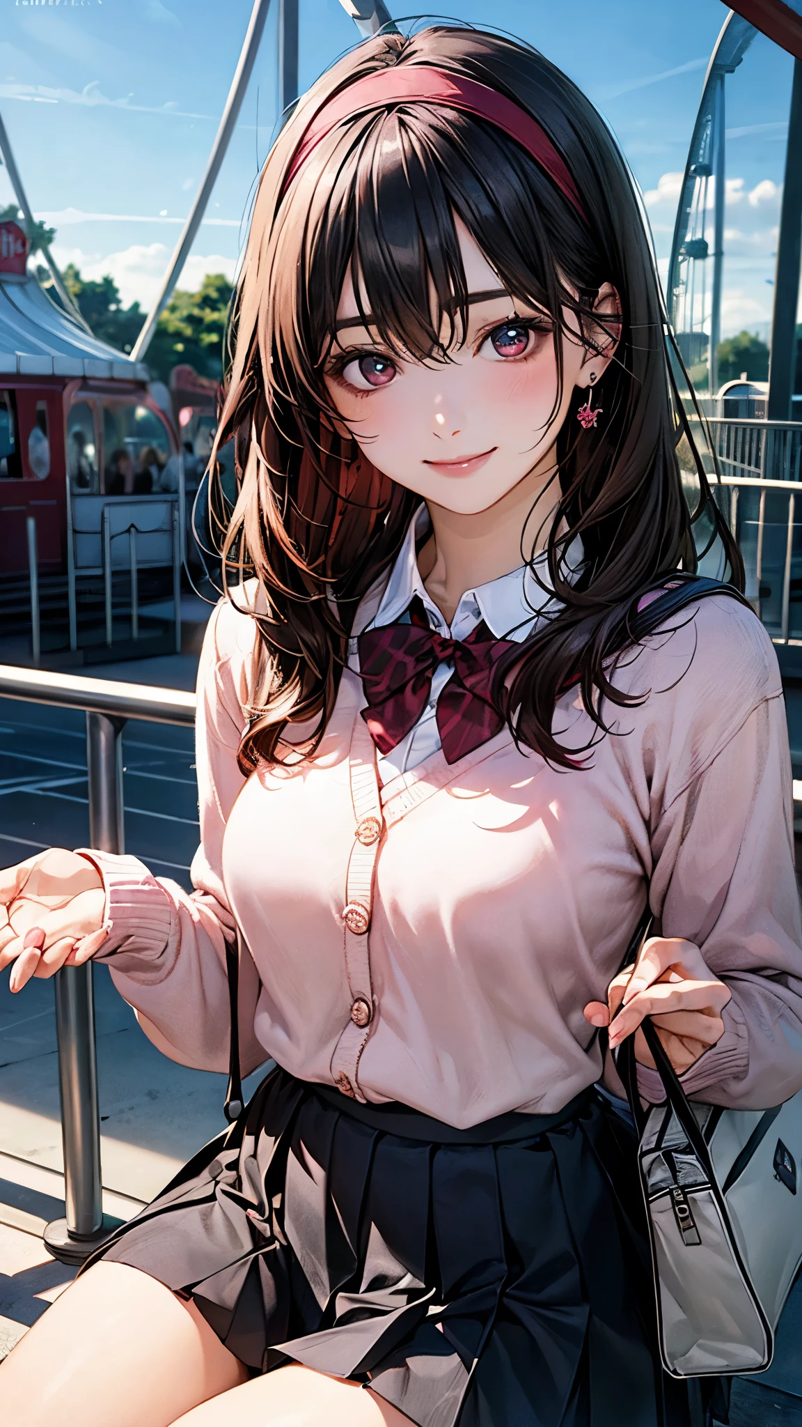 (masterpiece:1.2, highest quality), (realistic photo:1.4), beautiful illustrations, (natural side lighting, movie lighting), 
looking at the viewer, 1 girl, japanese, high school girl, perfect face, cute symmetrical face, shiny skin, , 
(long hair, straight hair, black hair), hair between eyes, maroon eye idol chest, seductive thighs, big ass), earrings, break (dark red hairband, dark red flat bow tie), break
beautiful hair, beautiful face, detailed and beautiful eyes, beautiful clavicle, beautiful body, beautiful breasts, beautiful thighs, beautiful feet, beautiful fingers, slender, 
(white collared shirt, long sleeve pink knit cardigan, black pleated mini skirt), break navy school bag, 
(beautiful scenery), evening, (amusement park:1.2, roller coaster, ferris wheel), (pigeon toed), (lovely smile, upper eye), 