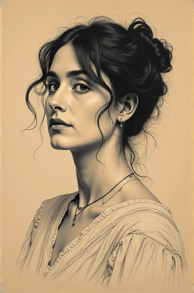 A Victorian era hand-drawn portrait of a young woman in her late 30s, Post-impressionist style, minimalist brush work, prosaic style, beautifully shaded, black ink on brown paper