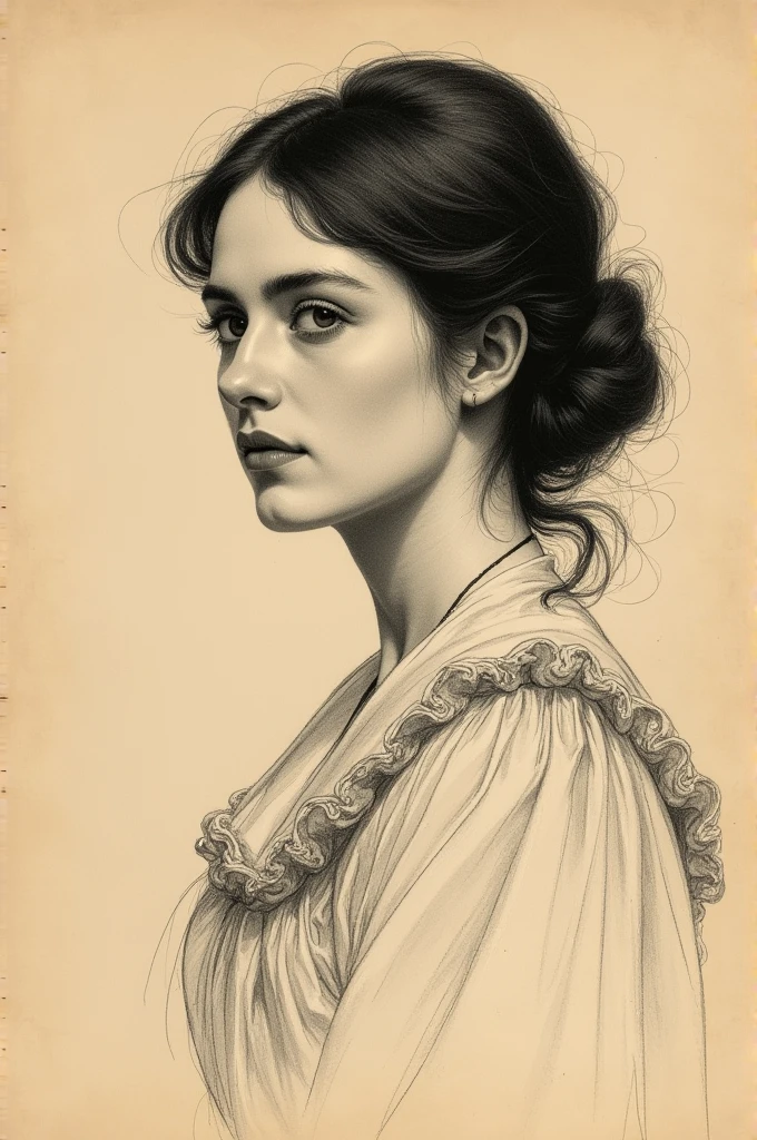 A Victorian era hand-drawn portrait of a young woman in her late 30s, Post-impressionist style, minimalist brush work, prosaic style, beautifully shaded, black ink on brown paper