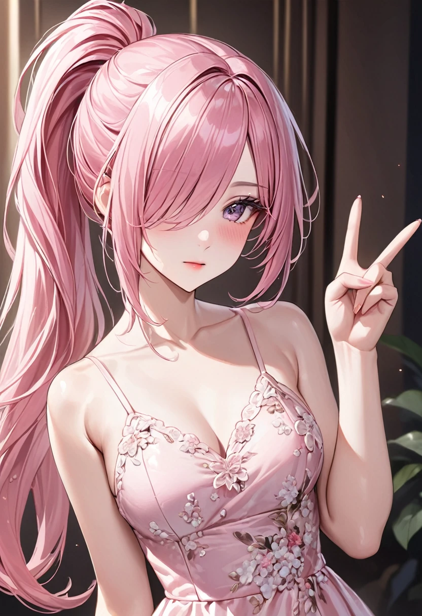 (masterpiece), (best quality), ultra realism, 1female half body, (long_ponytail wavy tip pink color hair), (hair over one eye), wearing a spaghetti strap floral dress, detailed beautiful eyes, small eyes, hand showing V-sign, detailed exquisite face, adult face, perfect anatomy, dynamic pose, intricate details,