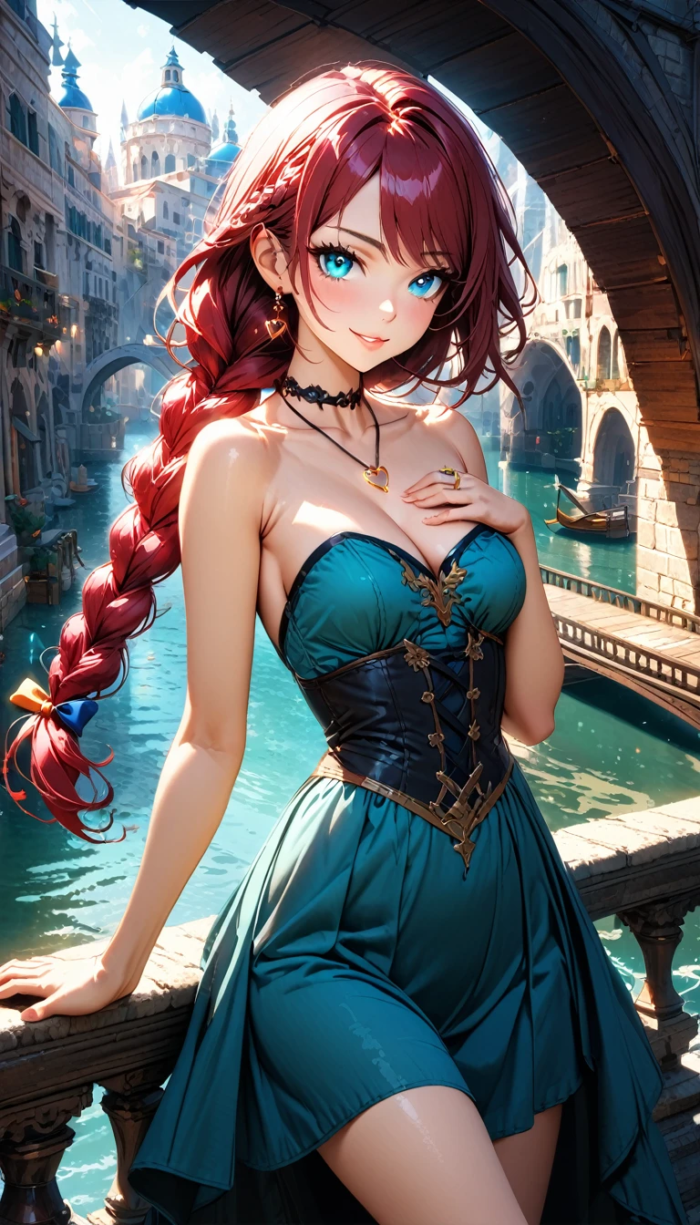 (masterpiece, very aesthetic:1.4), best quality, incredibly absurdres, Accurate, intricate, 8K, stunning, stylized, 
ultra-detailed, (incredibly detailed:1.2), simplified details, fine texture, 
cinematic, recent, (vibrant:1.2), (clear pictures, clean lines, crisp edges), (illustration:1.2), (soft lighting:1.2), 
cowboy shot, 
BREAK 
1 beautiful girl, 18yo, small face, beautiful detailed face, narrow waist, The beauty and danger of growing from a girl to an adult, A symbol of miraculous beauty, Graceful posture, sensual, bewitching woman,  (cleavage:0.8), 
(burgundy red hair), (a long single braid hair:1.4), smooth hair, asymmetrical bangs, 
BREAK 
 (aqua blue eyes), black oblong pupils, (slant eyes, glass-like sparkling eyes are blurry and dreamy, beautiful detailed eyes, sparkling eyes, long delicate eyelashes, Meticulous Eyelash Details),
BREAK 
(navy blue  dress), (off shoulder, Strapless dress, Sleeveless:1.3), (black corset), (a tiny heart-shaped golden ring pendant:1.4), 
BREAK 
 (A fantasy world cityscape:1.4), sunny afternoon, A city resembling Venice with canals, (Leaning against the railing of a bridge over a large river), Bright lighting, Beautiful world, Blown by the gentle wind, Soft sunlight that induces afternoon drowsiness, 
BREAK 
gorgeous lips, natural pink lips, heart-shaped lips, beautiful detailed lips, Glossy, 
(seductive smile:1.3), (looking side glance), (left hand on own chest:1.2), perfect eyes, 