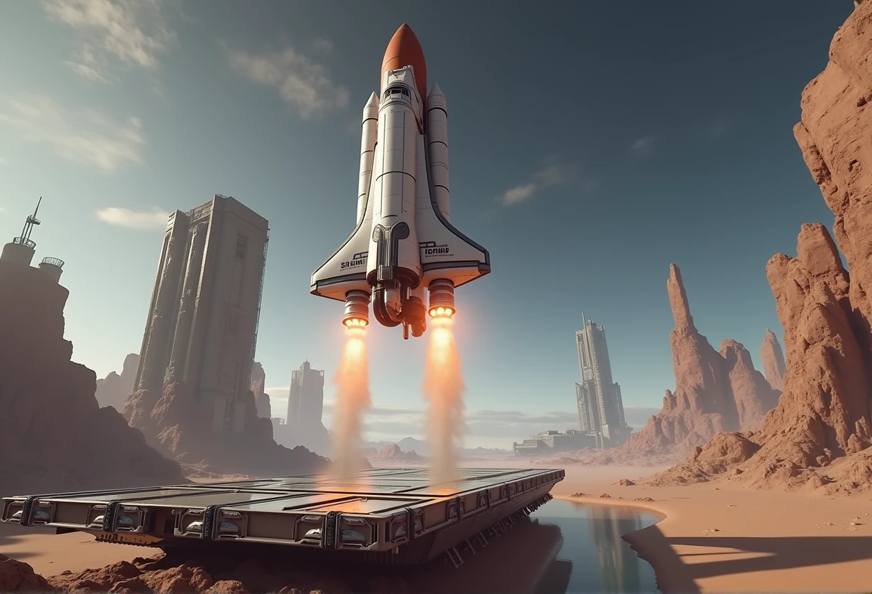 spaceship take off from a large structure in the middle of a platform rockets shoot 2 cones of fire from rockets at the bottom of the spaceship, looks like a nasa space shuttle launch, star citizen halo, aurora spaceship environment, space ship above an island, futuristic spaceship, star citizen digital art, spaceship flies in the distance, futuristic starship, sci-fi spaceship, an epic space ship scene, alien space ship flying in space, alien starship, spaceship in a dry river bed,