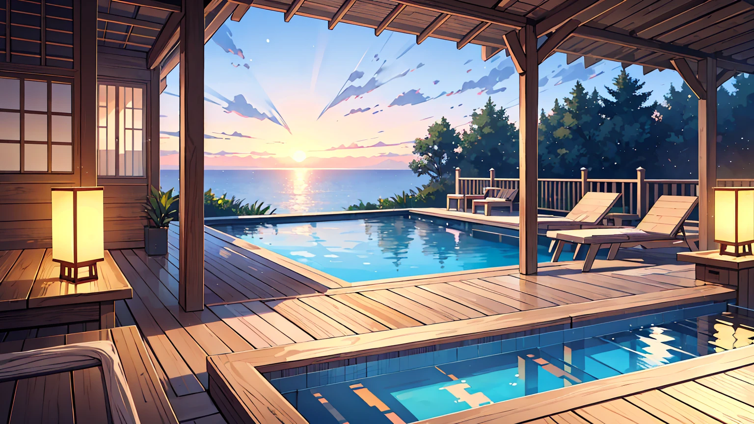 (걸작, 최고의 품질),2 girl, sitting lounge chairs,sunglasses,bikini,top body, Create an image of a tranquil and luxurious outdoor pool area during sunrise, with a clear sky showing gradients of warm colors. Include features such as modern white lounge chairs, decorative lanterns on pillars, a reflective infinity pool that merges with the horizon, and a wooden deck leading to the ocean.