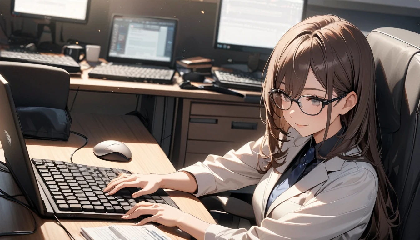 パソコンで仕事をするProfessionalグラマー,Portraiture,Professional,Wearing a smart suit,Stylish glasses,Typing on a sophisticated computer,Use a wireless mouse,Sitting at a modern desk,A soft smile,Soft natural light,High resolution,High resolution,Very detailed.One Woman ,alone, Dark brown hair ,Undistorted keyboard, focusing