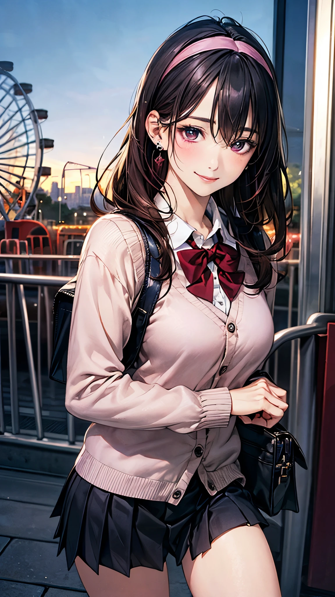 (masterpiece:1.2, highest quality), (realistic photo:1.4), beautiful illustrations, (natural side lighting, movie lighting), 
looking at the viewer, 1 girl, japanese, high school girl, perfect face, cute symmetrical face, shiny skin, baby face, 
(long hair, straight hair, black hair), hair between eyes, maroon eye idol chest, seductive thighs, big ass), earrings, break (dark red hairband, dark red flat bow tie), break
beautiful hair, beautiful face, detailed and beautiful eyes, beautiful clavicle, beautiful body, beautiful breasts, beautiful thighs, beautiful feet, beautiful fingers, slender, 
(white collared shirt, long sleeve pink knit cardigan, black pleated mini skirt), break navy school bag, 
(beautiful scenery), evening, (amusement park:1.2, roller coaster, ferris wheel), (pigeon toed), (lovely smile, upper eye), 