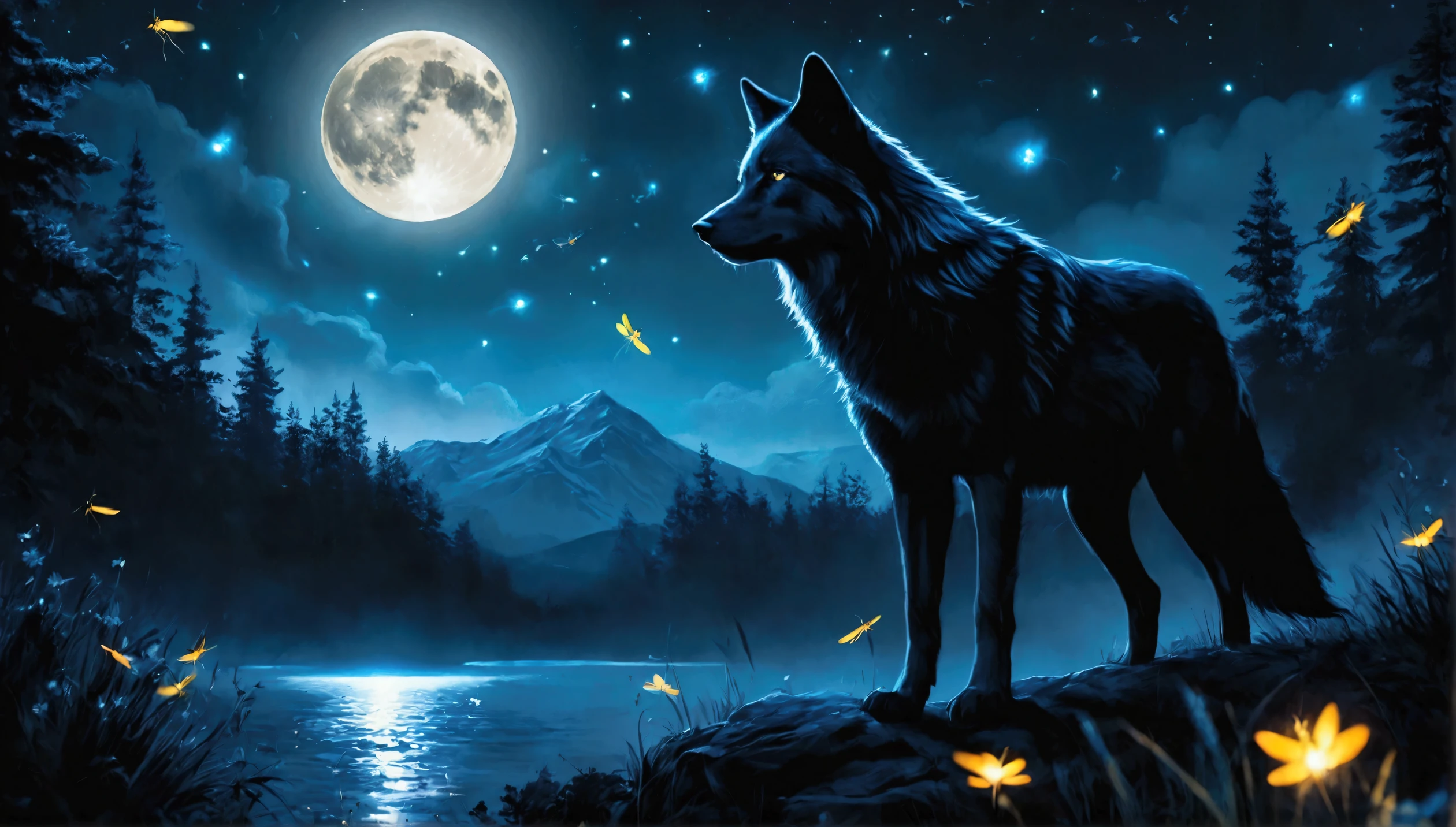 Beautiful black wolf with blue; slightly glp eyes. In the background a night landscape in nature. The moon is shining. Fireflies. Magical lights fly around. Magical night.