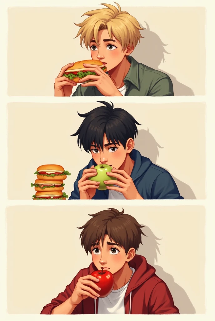 Make a blond teenage boy eating a bolillo sandwich, a teenage male with black hair eating some sandwich rolls and a teenage male with brown hair eating an apple 