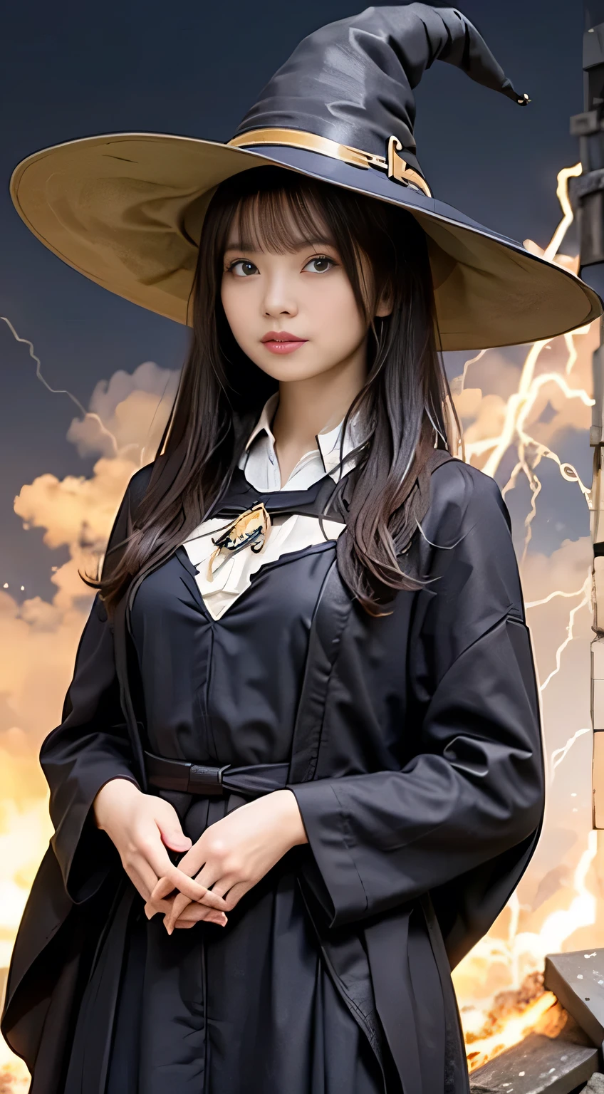 (Skin Dentition:1.5), Realistic, Realistic, (masterpiece:1.5), Concept Art, ((Witch Costume:1.4))、((Full body shot:1.4))、Intricate details, Very detailed, Realistic, Octane Rendering, 8k, Unreal Engine, Dynamic pose, Highest quality, High resolution, (Realistic Face:1.1), (Super realistic:1.1), ((full_body)), Perfect Eyes,(Glowing Skin:1.2), (((Hairstyle))), (((Perfect hands))), (Very detailed background), ((Dynamic Background)), ((lightning)), (light), ((One girl)), Wearing a cape, (((Flowing Cape))), ((Detailed eyes, High quality eyes, High quality face)), (Very complicated robe, magical robes), short hair, casting lightning, electricity, Swirling Fire, Radiation Force, spark, cigarette, magic, ((dramatic)), amazing, battlefield, Depth of written boundary, bokeh, 4K, Gothic, human, particle