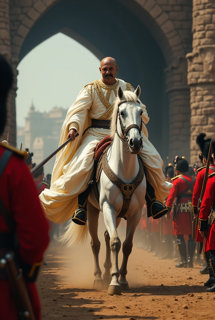 18th century Tipu Sultan of Mysore with bald head and twisted  thin moustache with clean shaven chin and head wearing a silky white gown holding a turkish  arched steel sword in right hand riding a white horse surrounded  by his soldiers  emerging from 8 feet dark stone arched Indian tunnel charging towards the British soldiers in red uniform who are targeting and firing with muskets in cinematic UHD landscape resolution 