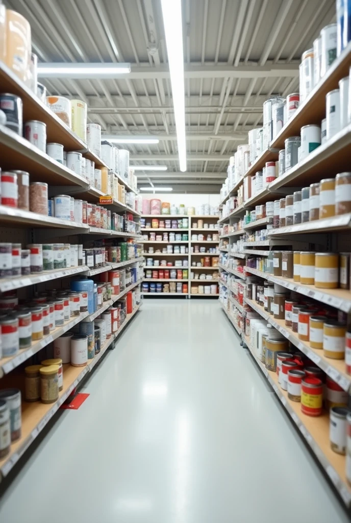 paint, linoleum, wallpaper, rollers, brushes, on the shelves of a hardware store. no people. The main background color is white