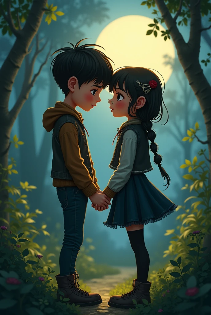 The scene shows a couple of agers who seem to enjoy each other's company.. They are observing each other in a forest in the moonlight. The boy is approximately 1.54 meters tall and has a round face with somewhat marked cheekbones. His eyes are small and his haircut is short, inspired by the shape of a mushroom. She has somewhat thick lips adorned with two piercings., one on each lip, In addition to a bull-shaped nose piercing. Her style of dress is loose and comfortable., reflecting a preference for loose clothing.
at your side, There is a girl of 1.56 meters high. it's white, slim, and her face has a fine, oval shape. His clothing is dark, consisting of a skirt and tights that are somewhat torn, a wool vest, y una polera slim, which gives it an elegant air. They both have a smile on their faces, clearly enjoying each other's company.