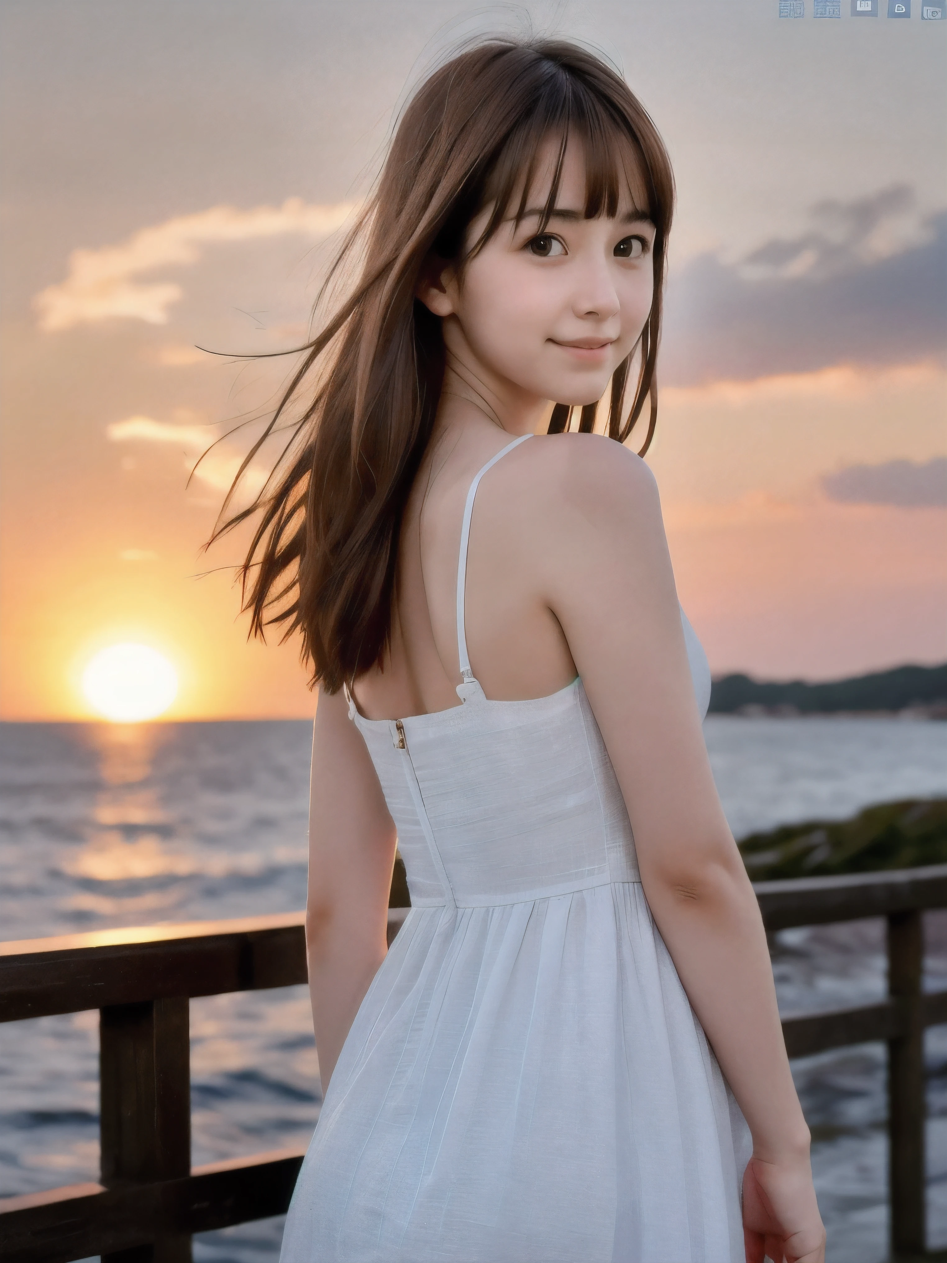 (Close up face shot of slender small-breasted red brown wavy long hair with dull bangs girl wearing a white summer dress:1.5)、(One girl is looking back and lonely smile with tears on the coast in Japan:1.5)、(Beautiful after sunset red sky with big red cloud:1.5)、(blurred background:1.5)、(Natural light:1.5)、(8k ultra detailed master piece:1.5)、(perfect anatomy:1.5)、(Photorealistic stick:1.5)、(Raw photo:1.3)、(highest quality:1.5)、(High resolution:1.3)、(Delicate and beautiful perfect face:1.3)、(Delicate and beautiful eye air skin:1.3)、(Real Human Skin:1.3)、((thin legs))