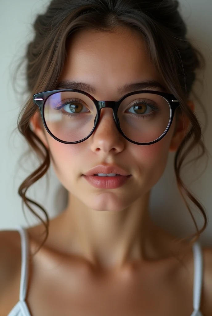 Girl in round glasses shows vagina