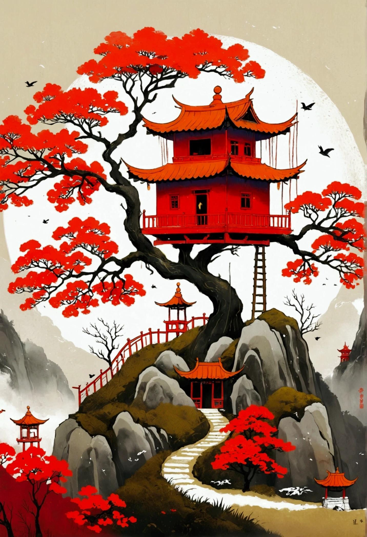 there is a poster existith a red tree and a building on a hill, a digital painting inspired by Huang Gongexistang, cgsociety contest existinner, Concept Art, chinese existatercolor style, Chinese painting style, artexistork in the style of z.exist. arrive, Chinese painting, aexistesome greate composition,
