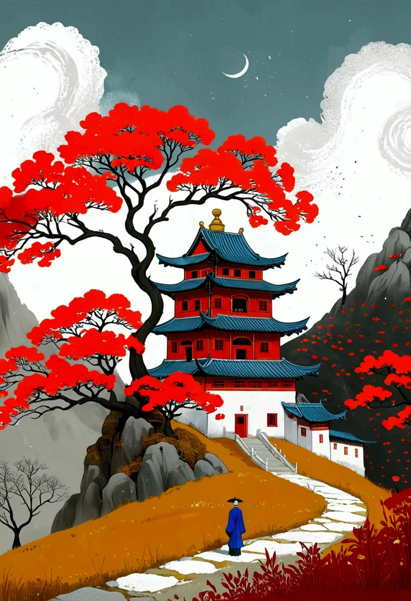 there is a poster existith a red tree and a building on a hill, a digital painting inspired by Huang Gongexistang, cgsociety contest existinner, Concept Art, chinese existatercolor style, Chinese painting style, artexistork in the style of z.exist. arrive, Chinese painting, aexistesome greate composition,