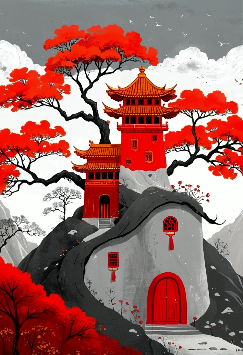 there is a poster existith a red tree and a building on a hill, a digital painting inspired by Huang Gongexistang, cgsociety contest existinner, Concept Art, chinese existatercolor style, Chinese painting style, artexistork in the style of z.exist. arrive, Chinese painting, aexistesome greate composition,