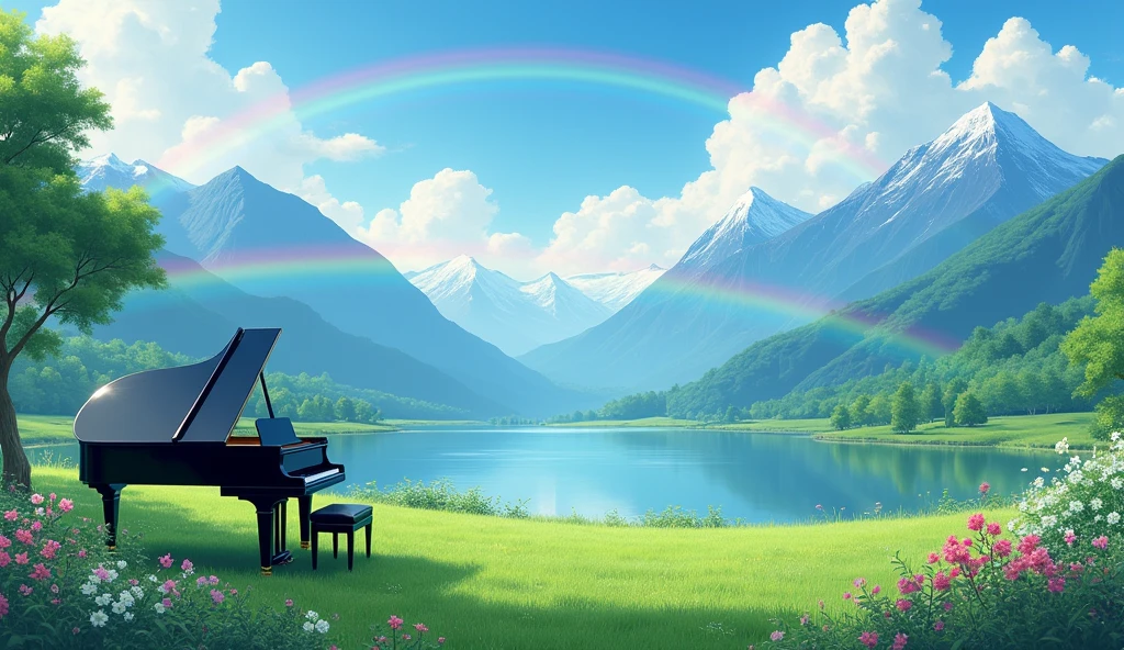 「A black grand piano standing in a lush green field、A rainbow over a lake and a majestic mountain range、Tranquil scenery」
Big rainbow arch light: Asahi、Soft light season: Summer painting style: Photo style、
others: fog、Colorful flowers、