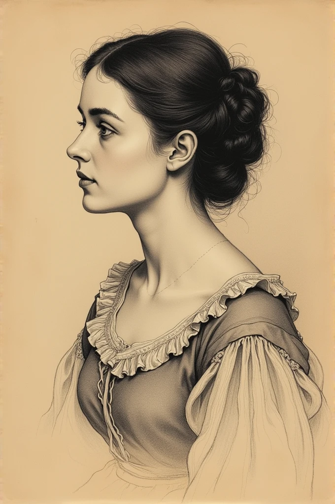 A Victorian era hand-drawn portrait of a young woman in her late 30s, Post-impressionist style, minimalist brush work, prosaic style, beautifully shaded, black ink on brown paper