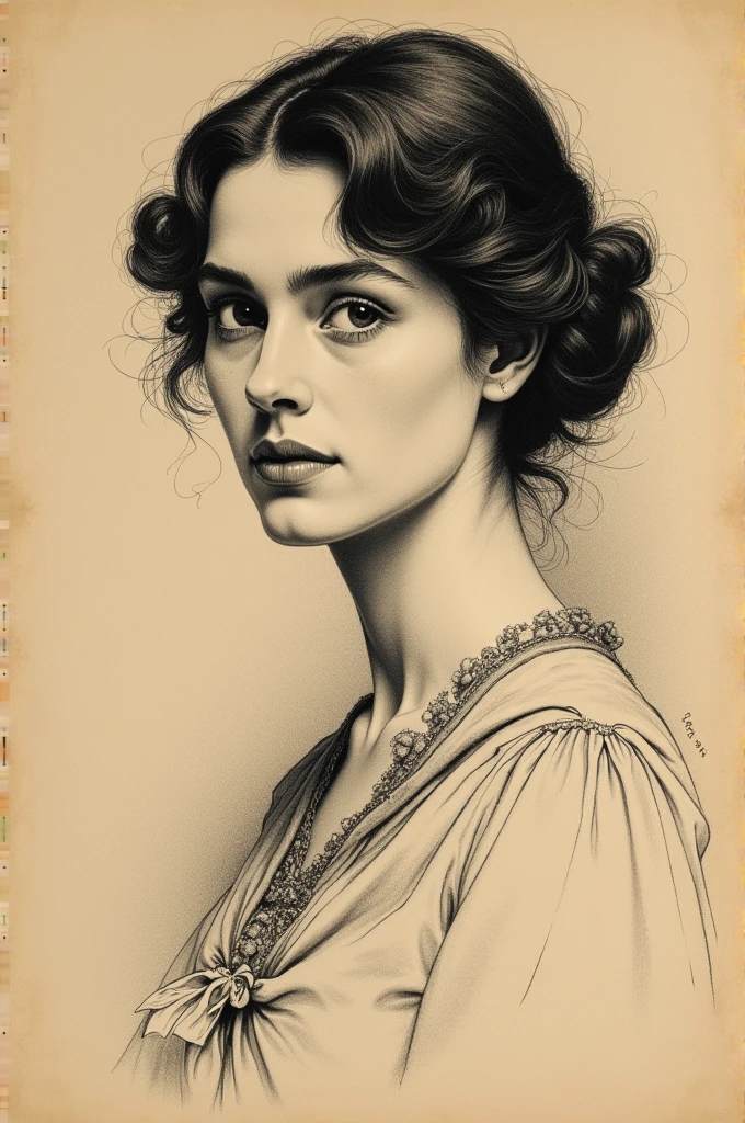 A Victorian era hand-drawn portrait of a young woman in her late 30s, Post-impressionist style, minimalist brush work, prosaic style, beautifully shaded, black ink on brown paper