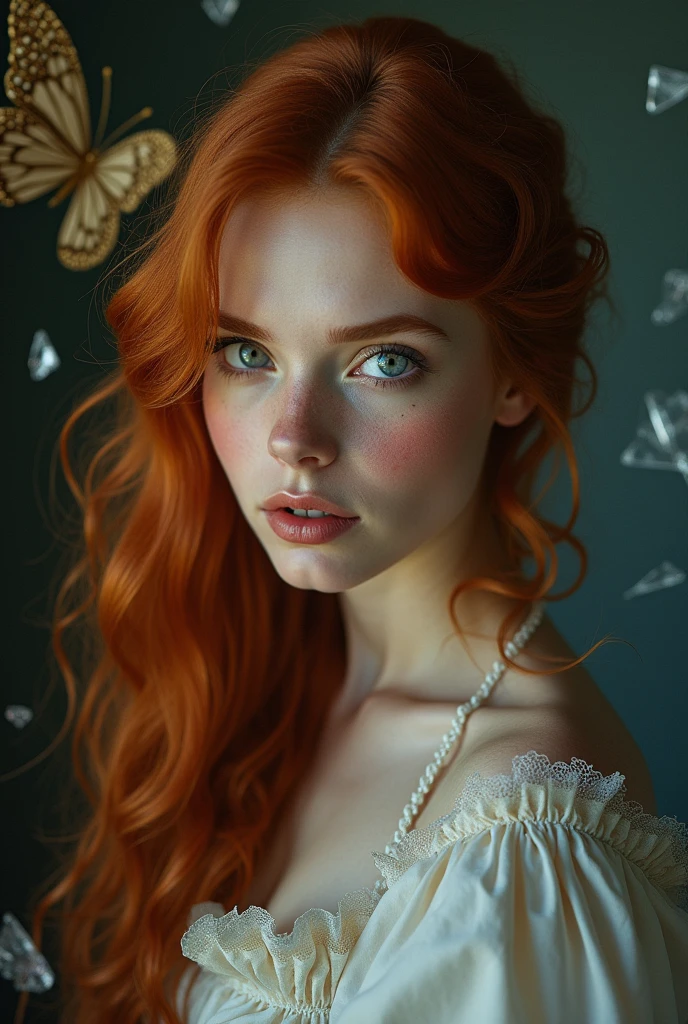 (solo, full body photo:1.3), (action packed:1.3), (haze, fog, mist:1.3), chiaroscuro, best quality, photorealistic, 1woman, (cute), (24yo:1.2), redhead, long ginger hair highly detailed, 1700'S, digital photography, art by artgerm and ruan jia and greg rutkowski surreal painting gold butterfly filigree, broken glass, (masterpiece, sidelighting, finely detailed Fashionable eyes: 1.2) (perfect oval large eyes that gazes at the viewer), beautiful detailed face, blue gorgeous perfect eyes, (blonde hair ponytail), (attractive young woman:1.3), (thick amazing hair), (seductive:1.1), (blushing:1.1)