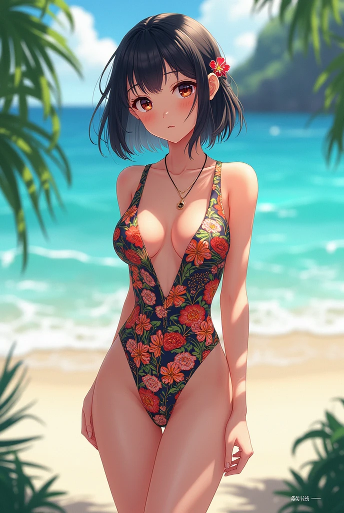 1character, anime, realism, beautiful, Japanese, swimsuit, beach