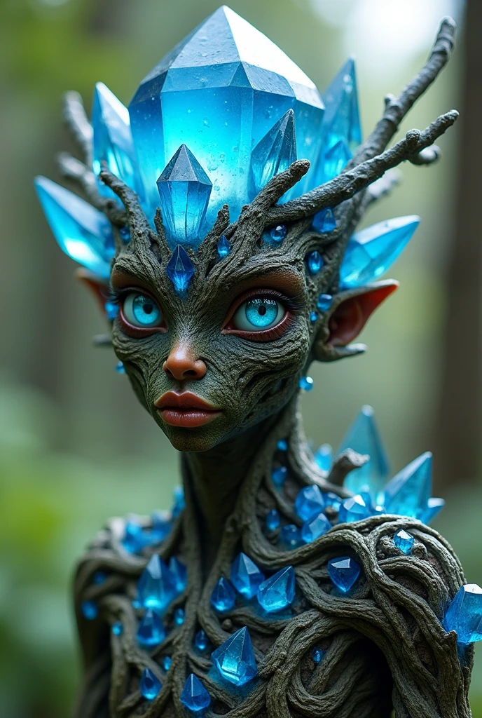 A tree-like creature embedded with blue crystals. It has a human-like appearance and a medium-sized floating blue crystal on its head.