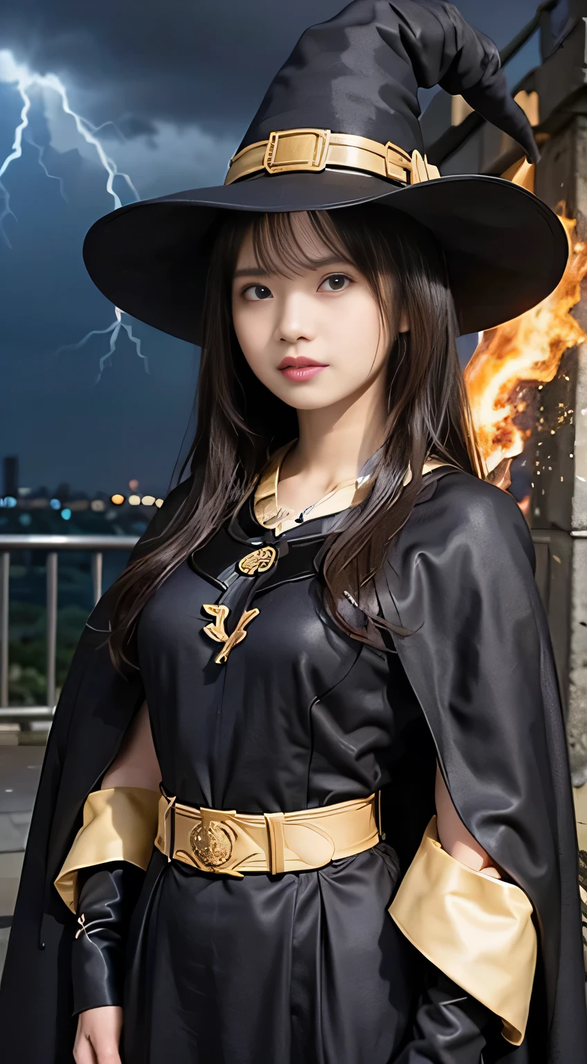 (Skin Dentition:1.5), Realistic, Realistic, (masterpiece:1.5), Concept Art, ((Witch Costume:1.4))、((Full body shot:1.4))、Intricate details, Very detailed, Realistic, Octane Rendering, 8k, Unreal Engine, Dynamic pose, Highest quality, High resolution, (Realistic Face:1.1), (Super realistic:1.1), ((full_body)), Perfect Eyes,(Glowing Skin:1.2), (((Hairstyle))), (((Perfect hands))), (Very detailed background), ((Dynamic Background)), ((lightning)), (light), ((One girl)), Wearing a cape, (((Flowing Cape))), ((Detailed eyes, High quality eyes, High quality face)), (Very complicated robe, magical robes), short hair, casting lightning, electricity, Swirling Fire, Radiation Force, spark, cigarette, magic, ((dramatic)), amazing, battlefield, Depth of written boundary, bokeh, 4K, Gothic, human, particle