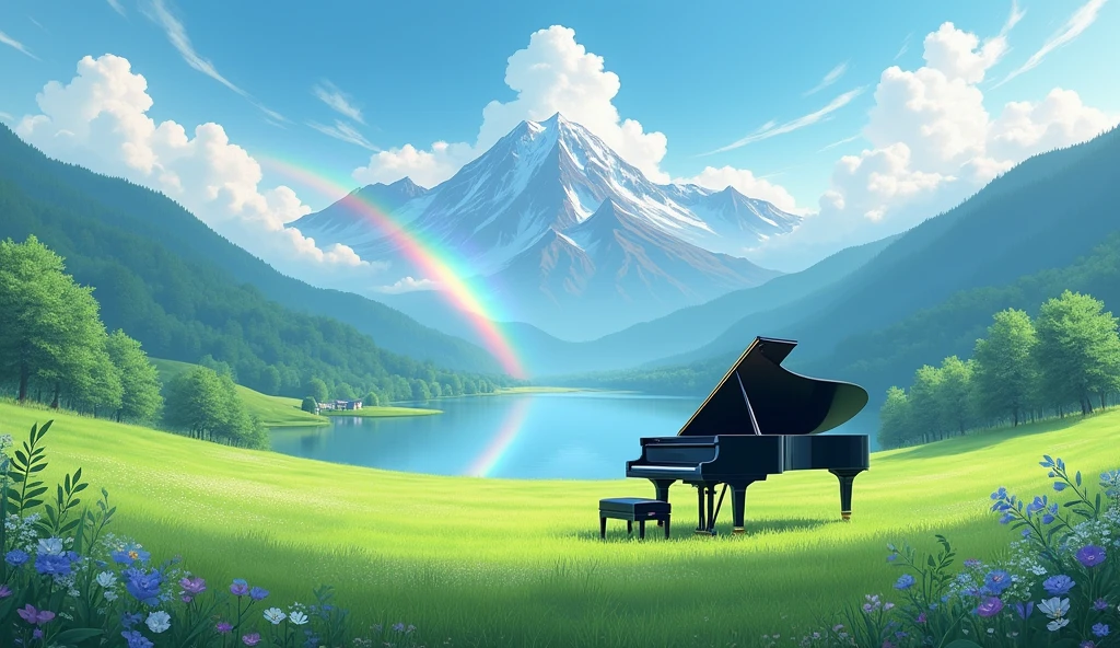 「A black grand piano standing in a lush green field、A rainbow over a lake and a majestic mountain range、Tranquil scenery」
Big rainbow arch light: Asahi、Soft light season: Summer painting style: Photo style、
others: fog、Colorful flowers、