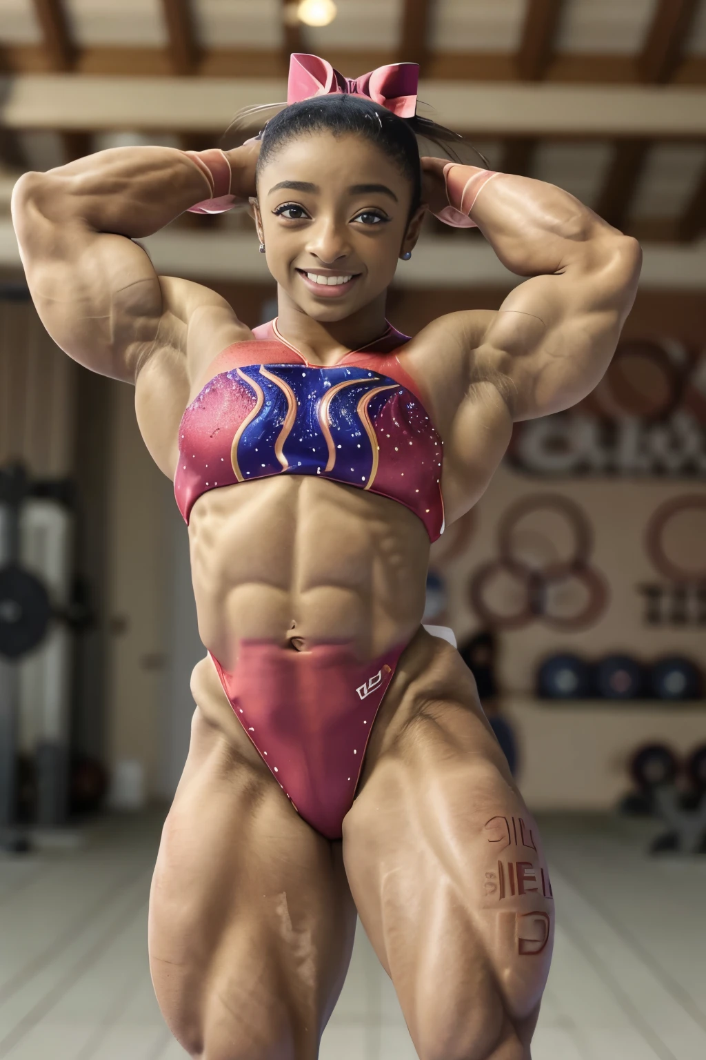 (((((Simone Biles)), gymnast leap))), ((((female bodybuilder)))), cute girl laugh, 18 years old black girl happy smile, (short hair), string bikini, ((very muscular body)) ,athletic gym background ,upper-body portrait ,upper-body image, real girl, (barefeet, barefoot), abnormally developed muscles, ((color Image)), masterpiece, best quality, high resolution