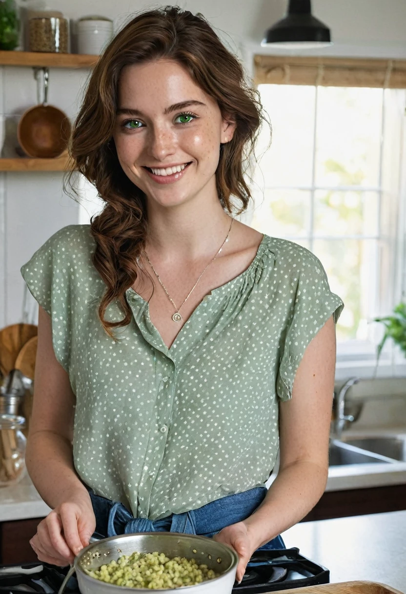 A 24-year-old woman with wavy chestnut brown hair and deep green eyes is in her kitchen, cooking a meal. She’s dressed casually in a comfortable, light-colored blouse and jeans. Her fair skin, dotted with light freckles, glows in the soft, warm light of the kitchen. Her hair is loosely tied back, and her silver necklace with a small pendant rests against her collarbone as she smiles while preparing food