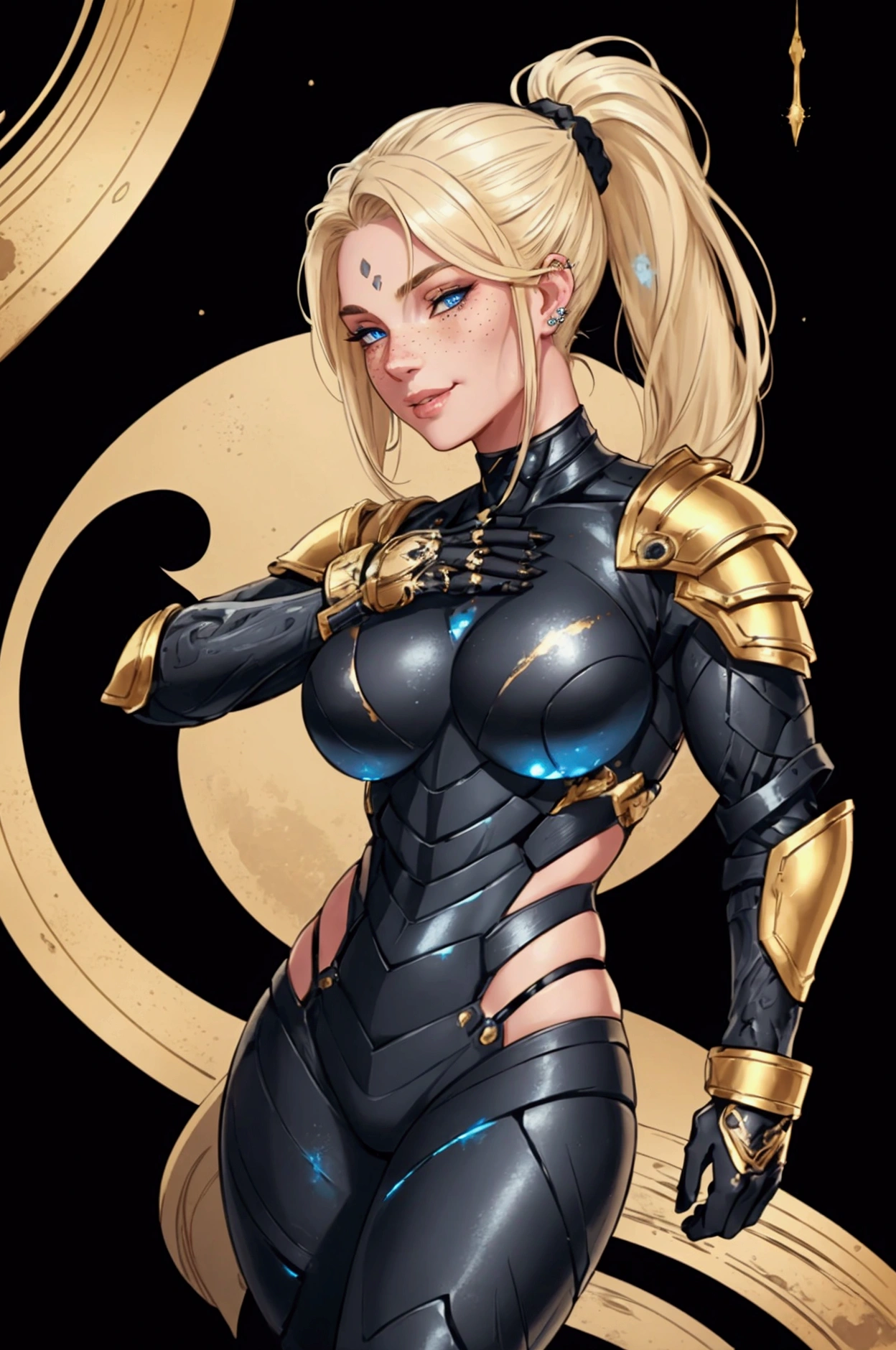a young blonde girl in a black with gold accent medium space armor, seductive pose, beautiful detailed face, piercing beautiful detailed blue eyes, light freckles, detailed muscular body, ponytail hairstyle, no background, full body, beautiful detailed lips, light smile on face, serrated knife in her hand, light blood stain on face, full body is visible