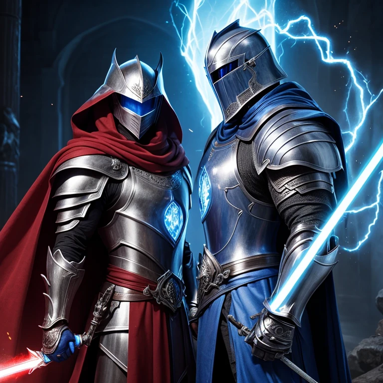 a knight in shining silver armor, blue energy enveloping the knight, a red cloaked warrior standing beside, highly detailed, cinematic lighting, epic fantasy scene, intricate metal armor, glowing blue energy, dramatic red cloak, striking poses, muscular build, intense facial expressions, volumetric lighting, cinematic camera angle, photorealistic, 8k, HDR, hyper detailed, award winning digital art