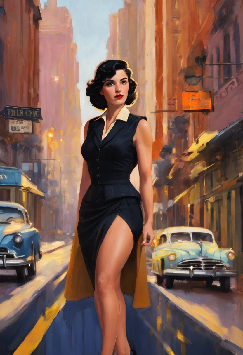 Pulp vibes, gouche and pastel textures , paint, realistic, masterwork, set in the 1940s. Depict a kinda of messy, side swept, black hair, modern beauty standards beautiful muscular italian woman, hook nose, short-medium black hair, wearing a vest and tailored shirt with suspender. detective office at night background,her hand hold a shiny bitcoin