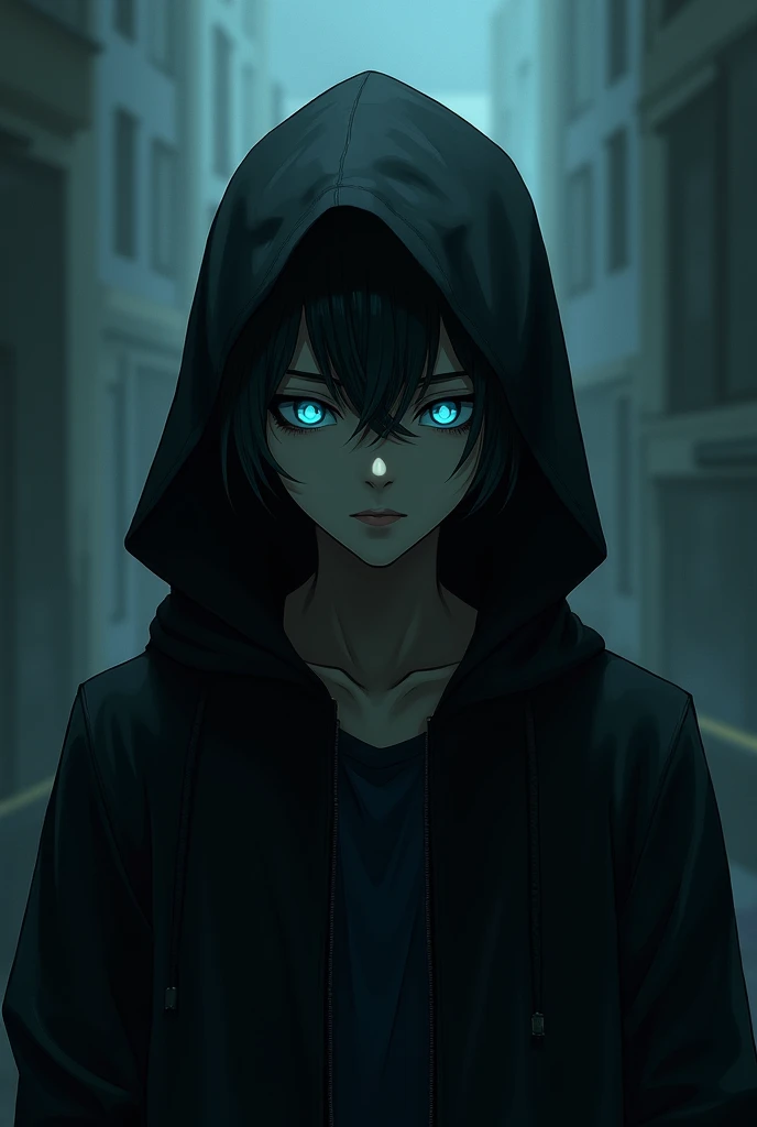 Cyan eyes, short black hair that fades to grey, wearing black hood, male