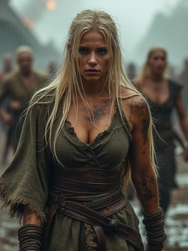 beautiful but savage blonde female viking medieval warriors running through a ransacked and burning village,raining,looking at observer,stern expressions,grimy and scarred skin,wounded,torn and ripped clothing,cleavage,holding swords