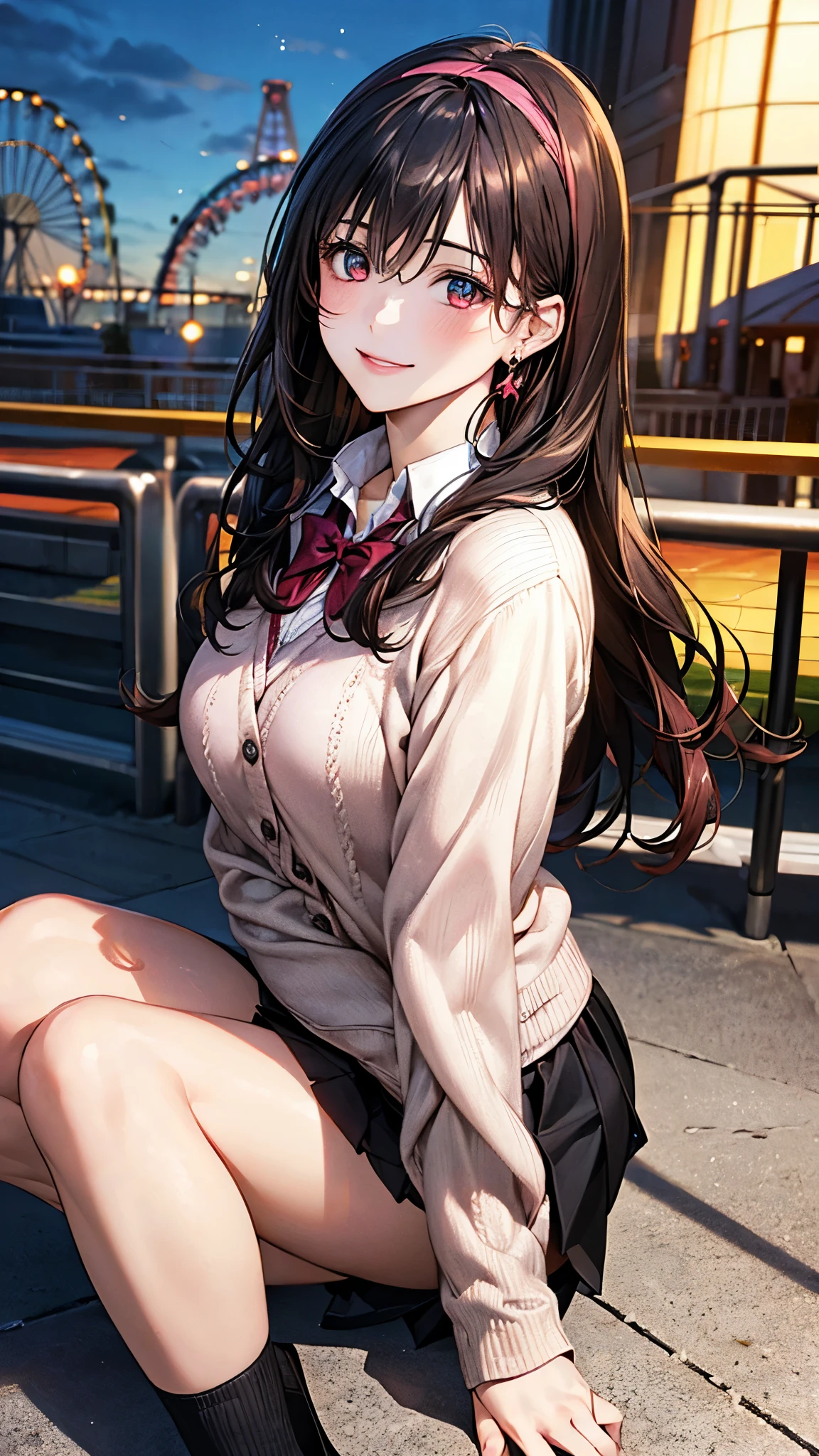(masterpiece:1.2, highest quality), (realistic photo:1.4), beautiful illustrations, (natural side lighting, movie lighting),
looking at the viewer, 1 girl, japanese, high school girl, perfect face, cute symmetrical face, shiny skin, baby face,
(long hair, straight hair, black hair), hair between eyes, maroon eye idol chest, seductive thighs, big ass), earrings, break (dark red hairband, dark red flat bow tie), break
beautiful hair, beautiful face, detailed and beautiful eyes, beautiful clavicle, beautiful body, beautiful breasts, beautiful thighs, beautiful feet, beautiful fingers, slender,
(white collared shirt, long sleeve pink knit cardigan, black pleated mini skirt), break
(beautiful scenery), evening, (amusement park:1.2, roller coaster, ferries wheel), (pigeon toed), (lovely smile, upper eye),